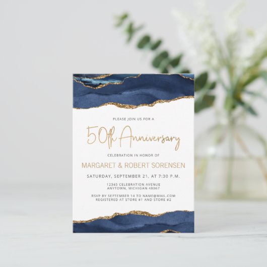 Navy Blue Gold Agate 50th Anniversary Invitation ポストカード (スタンド正面)