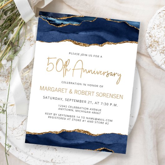 Navy Blue Gold Agate 50th Anniversary Invitation ポストカード