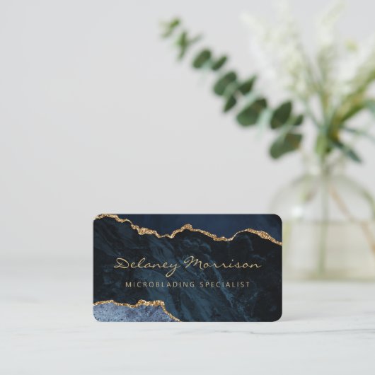 Navy Blue Gold Agate Microblading Rounded 名刺 (スタンド正面)