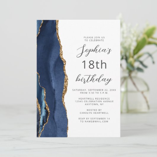 Navy Blue Gold Agate Script 18th Birthday 招待状 (スタンド正面)