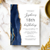 Navy Blue Gold Agate Script 18th Birthday 招待状