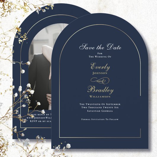 Navy Blue Gold Arch White Save the Date Wedding 招待状