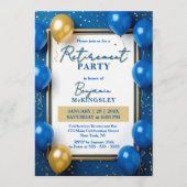 Navy Blue Gold Balloons Confetti Retirement Party 招待状 (正面)
