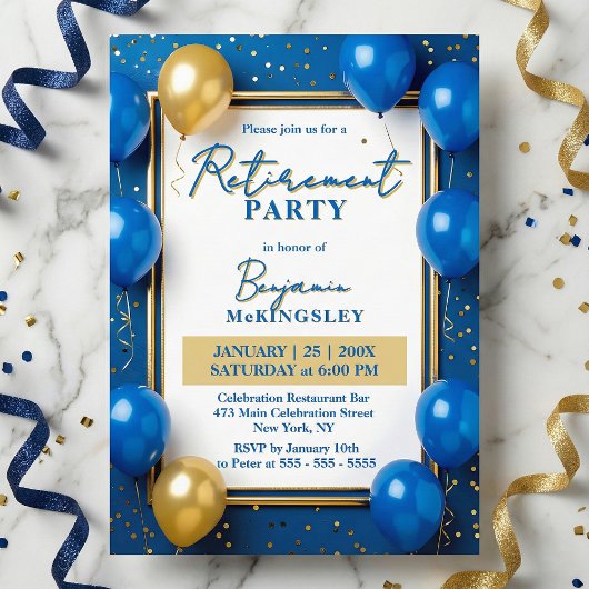 Navy Blue Gold Balloons Confetti Retirement Party 招待状