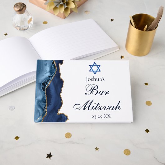 Navy Blue Gold Bar Mitzvah Party Customized ゲストブック (正面見開き)