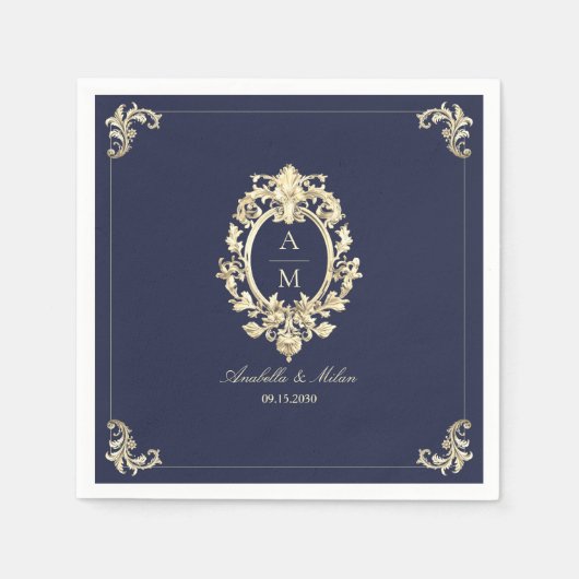 Navy Blue Gold Baroque Wedding スタンダードカクテルナプキン (正面)