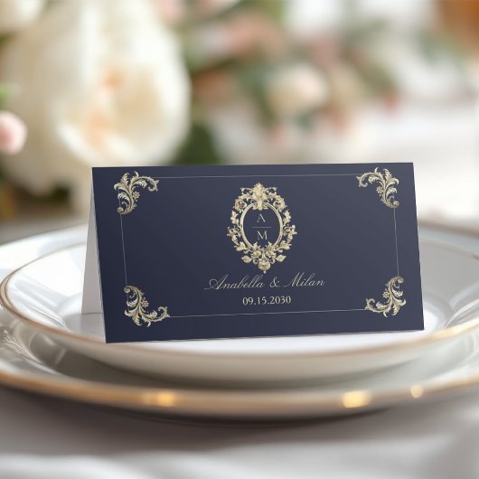Navy Blue Gold Baroque Wedding プレイスカード