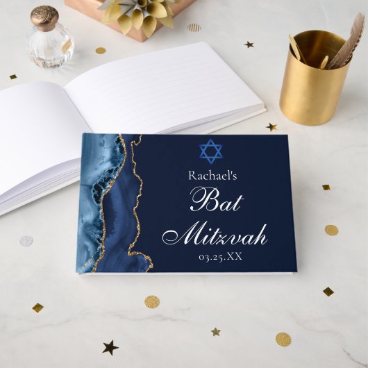 Navy Blue Gold Bat Mitzvah Party Personalized ゲストブック (正面見開き)