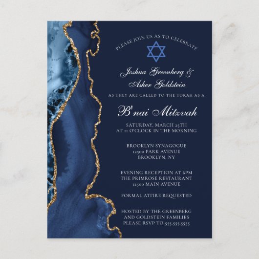 Navy Blue Gold B'nai Mitzvah Party Invitation ポストカード (正面)