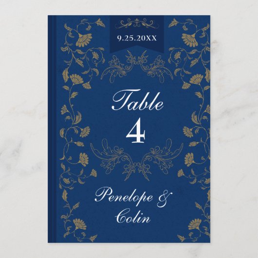 Navy Blue Gold Book Cover Wedding Table Number 招待状 (裏面)