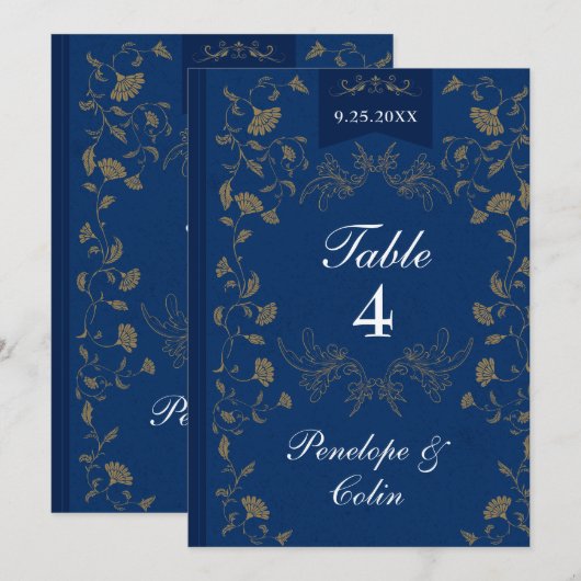 Navy Blue Gold Book Cover Wedding Table Number 招待状 (正面/裏面)