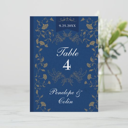 Navy Blue Gold Book Cover Wedding Table Number  招待状 (スタンド正面)