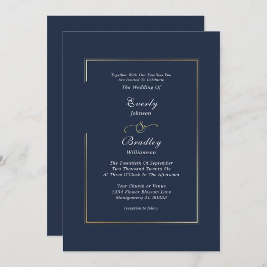 Navy Blue Gold Border Minimal Elegant Wedding 招待状 (正面/裏面)