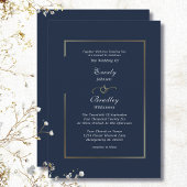 Navy Blue Gold Border Minimal Elegant Wedding 招待状