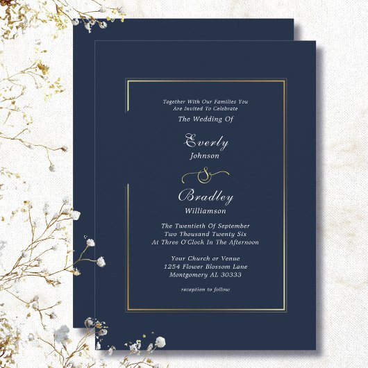 Navy Blue Gold Border Minimal Elegant Wedding 招待状