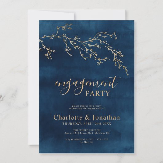 Navy Blue & Gold Botanical Engagement Party 招待状 (正面)
