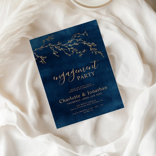 Navy Blue & Gold Botanical Engagement Party 招待状
