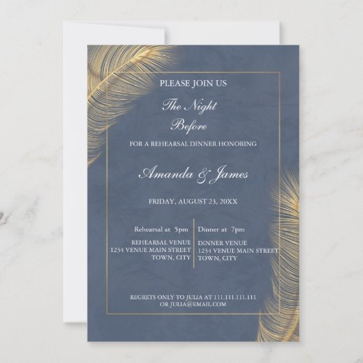 Navy Blue Gold Botanical Photo Rehearsal Dinner  招待状 (正面)