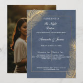 Navy Blue Gold Botanical Photo Rehearsal Dinner  招待状 (正面/裏面)