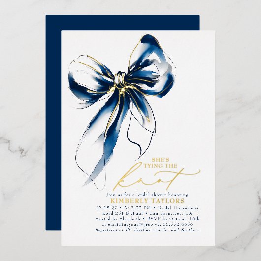 Navy Blue Gold Bow Elegant Whimsical Bridal Shower 箔招待状 (正面/裏面)