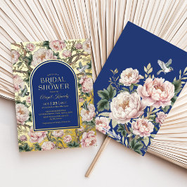 Navy Blue Gold Chinoiserie Flowers Bridal Shower 箔招待状