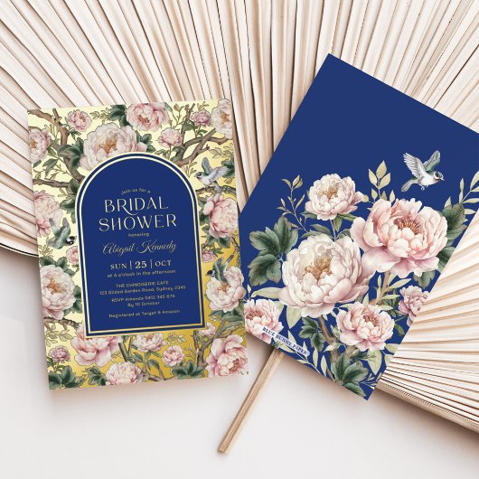 Navy Blue Gold Chinoiserie Flowers Bridal Shower 箔招待状