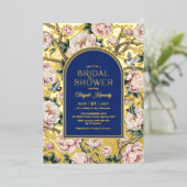Navy Blue Gold Chinoiserie Flowers Bridal Shower 箔招待状 (立ち正面)