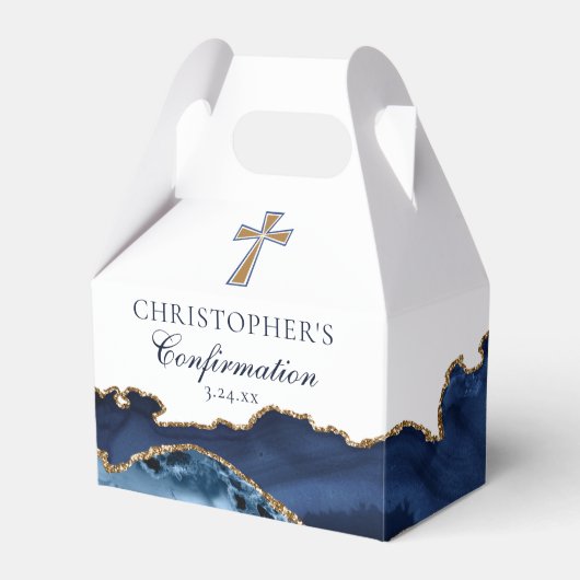 Navy Blue Gold Christian Cross Confirmation Party フェイバーボックス (正面サイド)