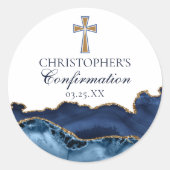 Navy Blue Gold Christian Cross Confirmation Party ラウンドシール (正面)