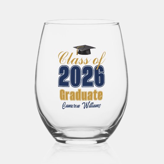 Navy Blue Gold Class of 2026 Graduation ステムなしワイングラス (正面)