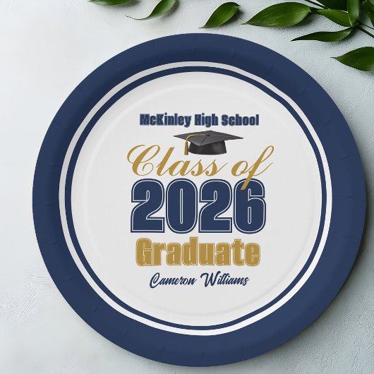 Navy Blue Gold Class of 2026 Graduation Party ペーパープレート