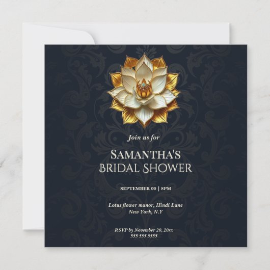 Navy Blue Gold Damask Bridal Shower  シーズンカード (正面)