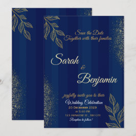 Navy Blue Gold Elegant Wedding Invitation 招待状