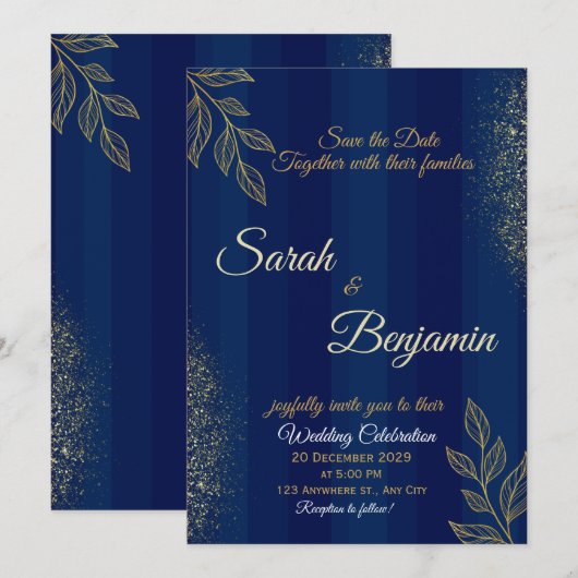 Navy Blue Gold Elegant Wedding Invitation 招待状 (正面/裏面)