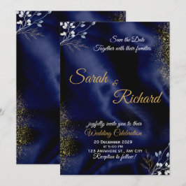 Navy Blue Gold Elegant Wedding Invitation 招待状