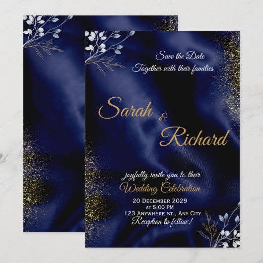 Navy Blue Gold Elegant Wedding Invitation 招待状 (正面/裏面)