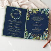 Navy Blue Gold Eucalyptus Wreath QR Code Wedding 招待状