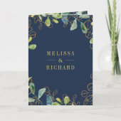 Navy Blue Gold Eucalyptus Wreath QR Code Wedding 招待状 (正面)