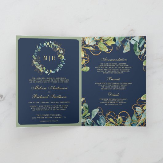 Navy Blue Gold Eucalyptus Wreath QR Code Wedding 招待状 (内部)