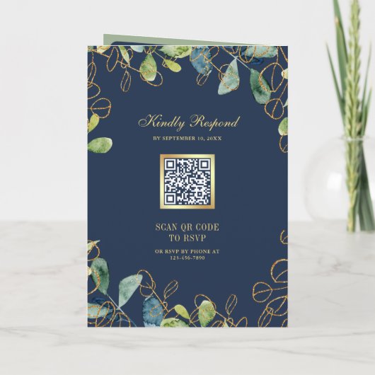 Navy Blue Gold Eucalyptus Wreath QR Code Wedding 招待状 (裏面)
