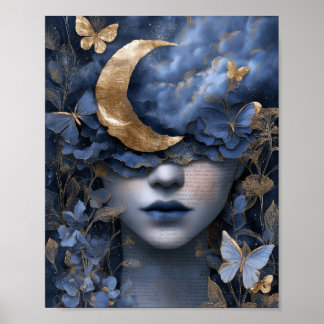 Navy Blue Gold Fantasy Surreal Moon Woman Wall Art ポスター