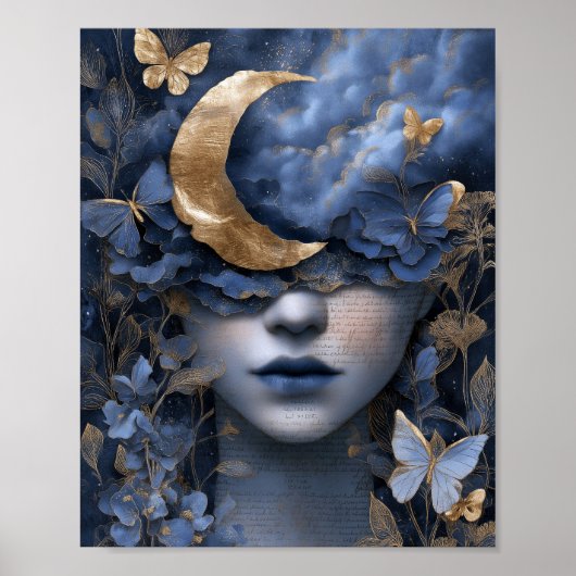Navy Blue Gold Fantasy Surreal Moon Woman Wall Art ポスター (正面)
