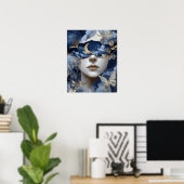 Navy Blue Gold Fantasy Surreal Moon Woman Wall Art ポスター (ホームオフィス)