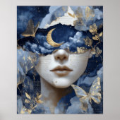 Navy Blue Gold Fantasy Surreal Moon Woman Wall Art ポスター (正面)