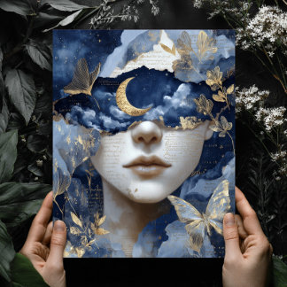 Navy Blue Gold Fantasy Surreal Moon Woman Wall Art ポスター