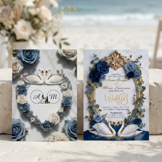 Navy Blue & Gold Faux Glitz Floral Formal Wedding 招待状