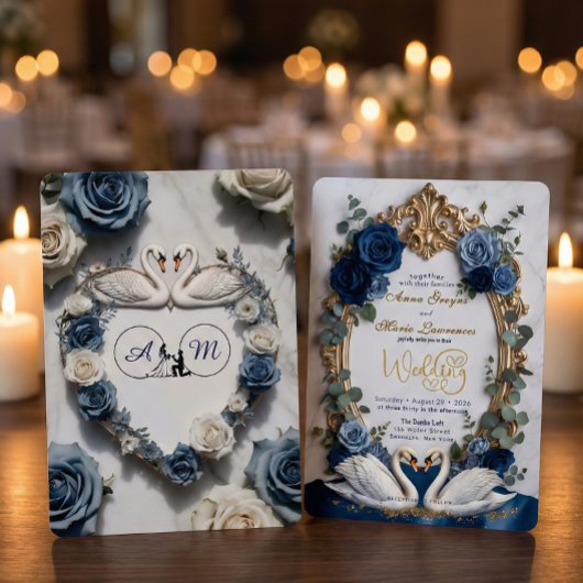 Navy Blue & Gold Faux Glitz Floral Formal Wedding 招待状