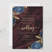 Navy Blue Gold Floral Burgundy QR Code Wedding 招待状 (正面)