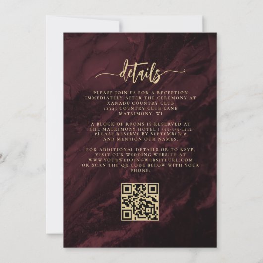 Navy Blue Gold Floral Burgundy QR Code Wedding 招待状 (裏面)