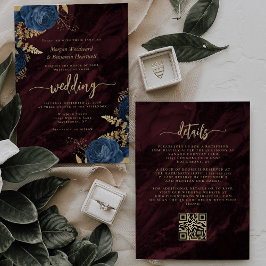 Navy Blue Gold Floral Burgundy QR Code Wedding 招待状